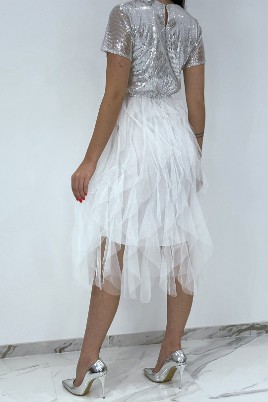 White sequin evening dress with flounce at the skirt - 6