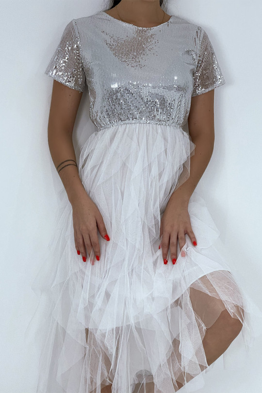 White sequin evening dress with flounce at the skirt - 7