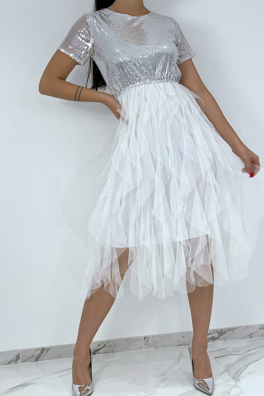 White sequin evening dress with flounce at the skirt - 8