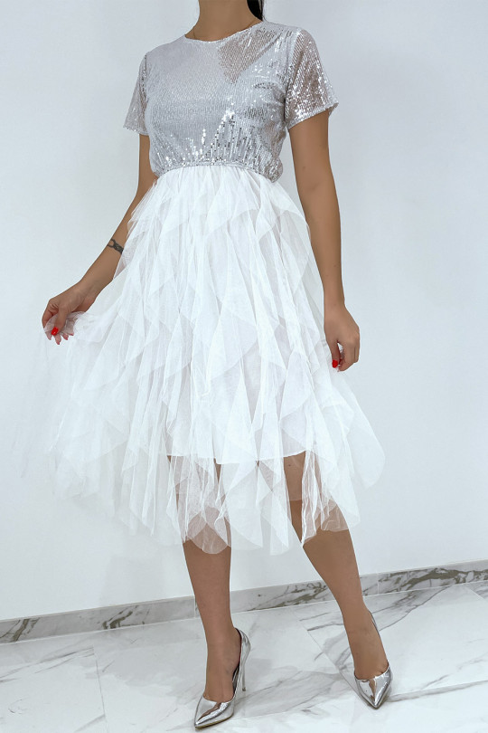 White sequin evening dress with flounce at the skirt - 9