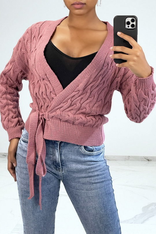 Fuchsia cardigan in large knit wrap over heart - 1