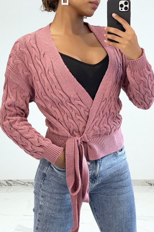 Fuchsia cardigan in large knit wrap over heart - 3