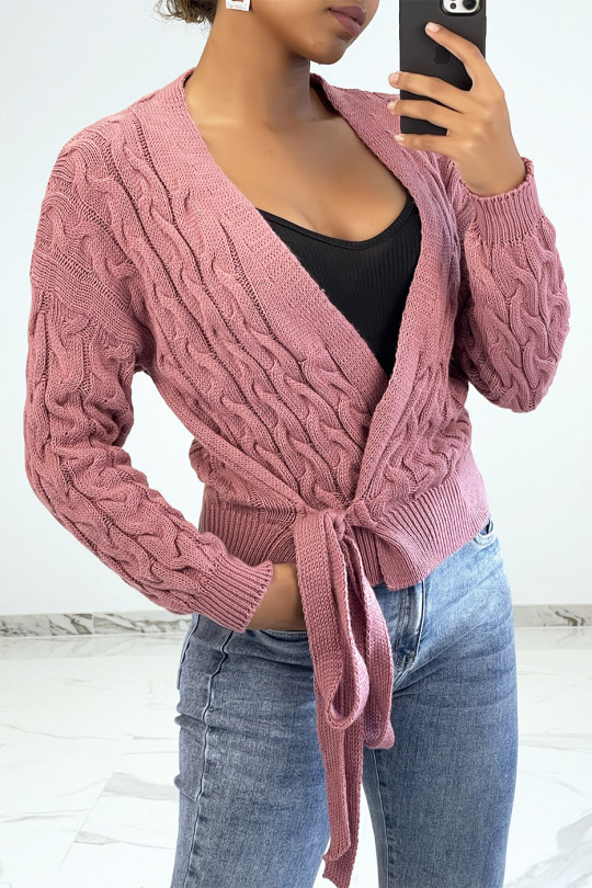 Fuchsia cardigan in large knit wrap over heart - 4