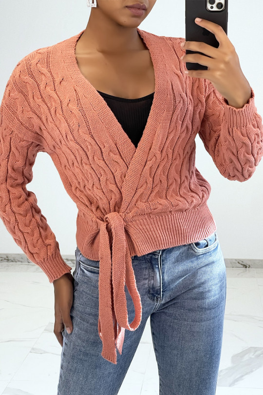 Coral cardigan in chunky knit wrap over heart - 2