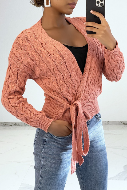 Coral cardigan in chunky knit wrap over heart - 3