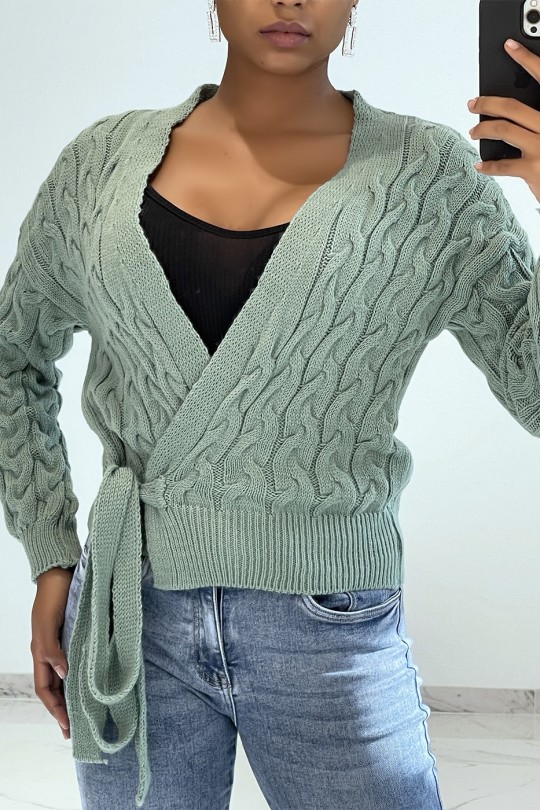Sea green cardigan in chunky knit wrap over heart - 2