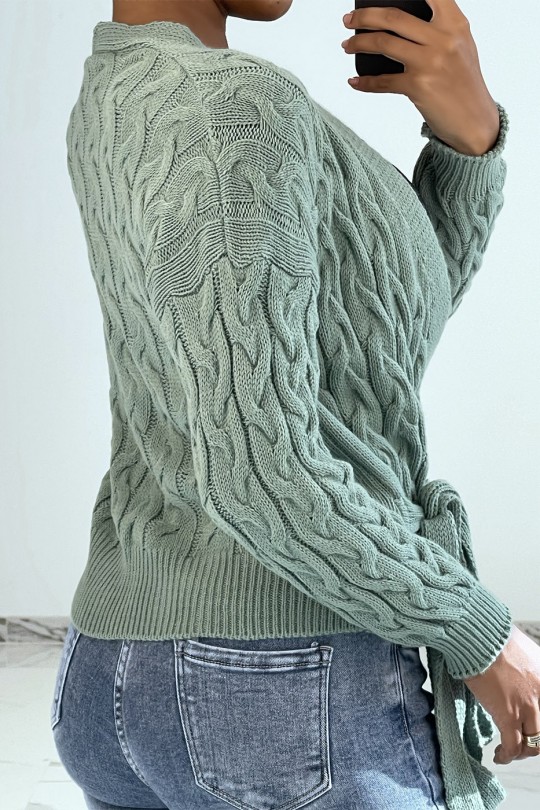 Sea green cardigan in chunky knit wrap over heart - 3