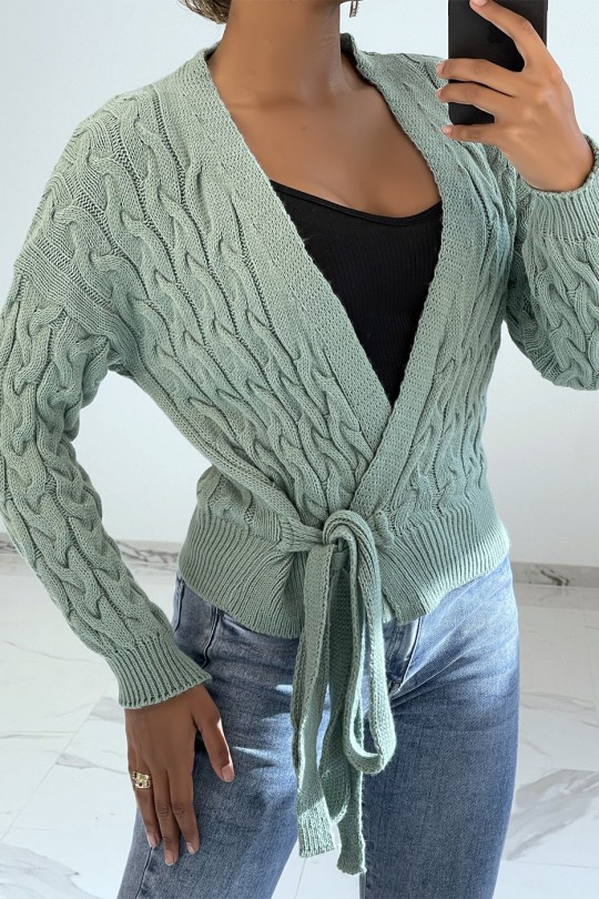 Sea green cardigan in chunky knit wrap over heart - 4