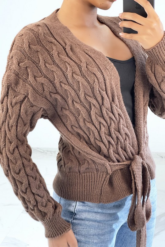 Brown cardigan in large knit wrap over heart - 2