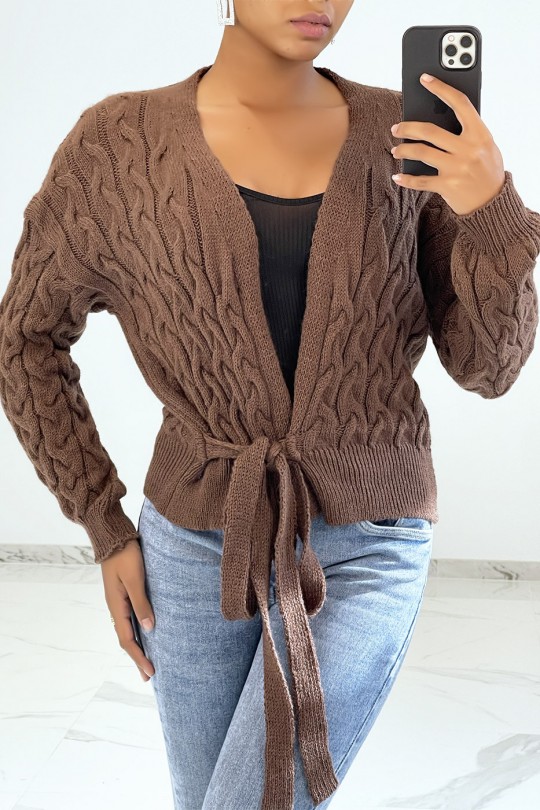 Brown cardigan in large knit wrap over heart - 3