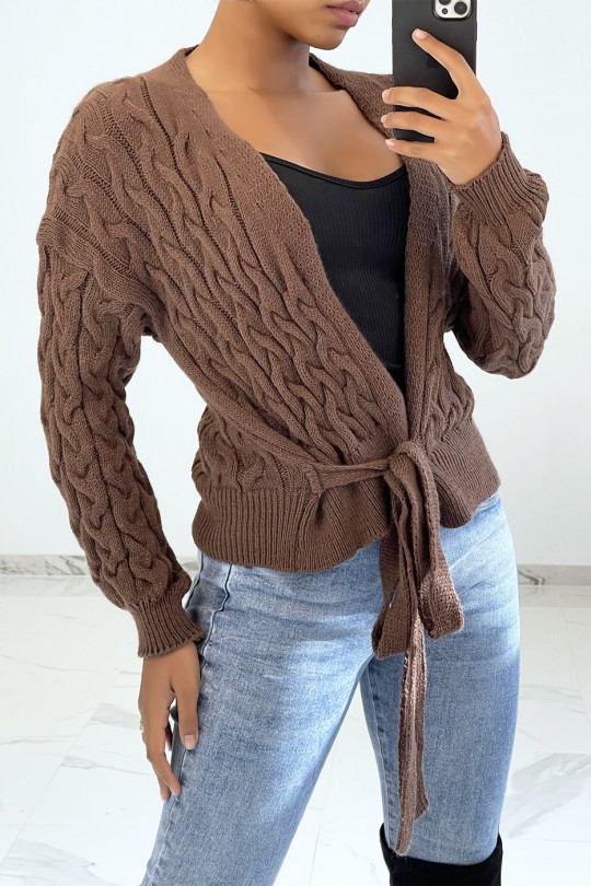 Brown cardigan in large knit wrap over heart - 4