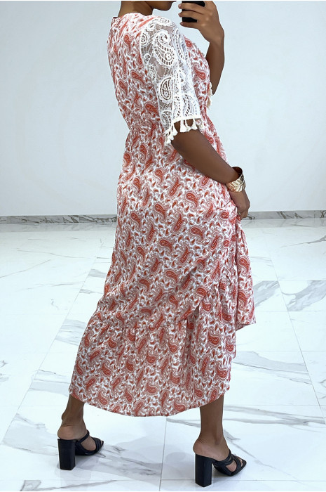 Long red dress with lace and pattern - 1