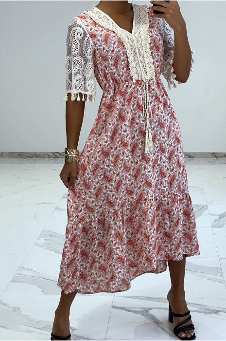 Long red dress with lace and pattern - 4