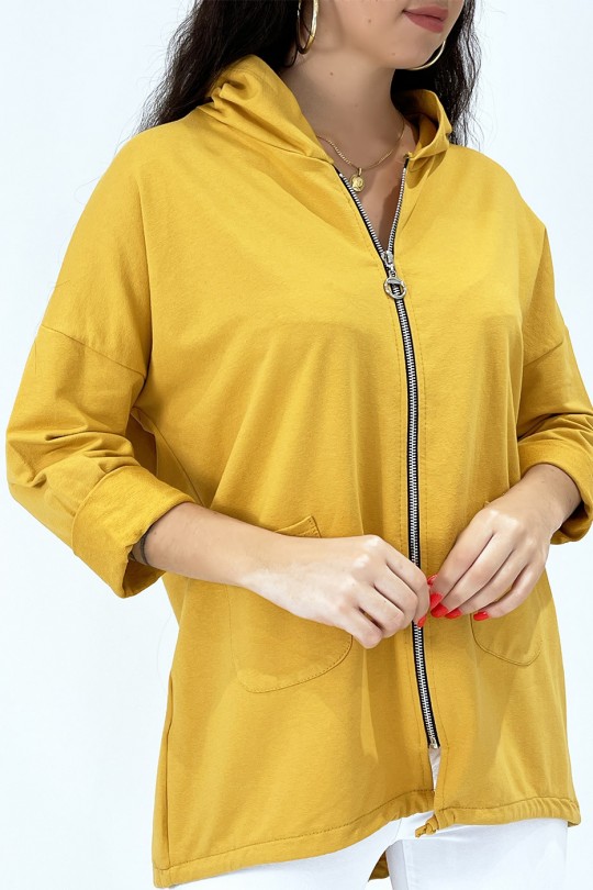 Mustard hooded cardigan with pockets and lace - 4