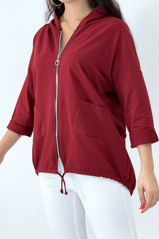 Burgundy hooded cardigan with pockets and lace - 2