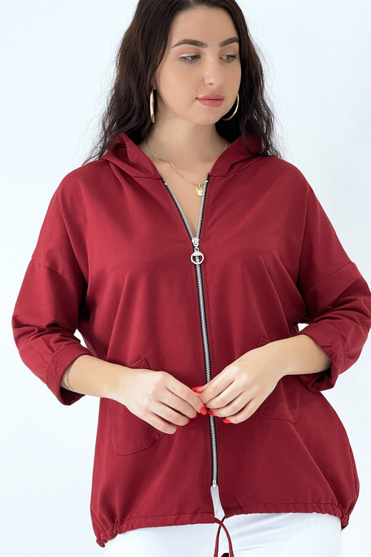 Burgundy hooded cardigan with pockets and lace - 3