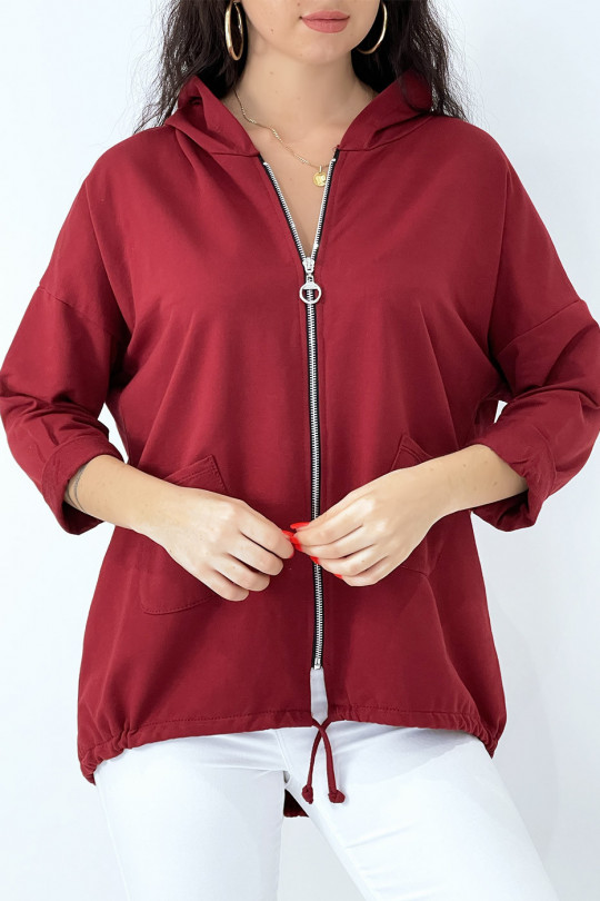 Burgundy hooded cardigan with pockets and lace - 5