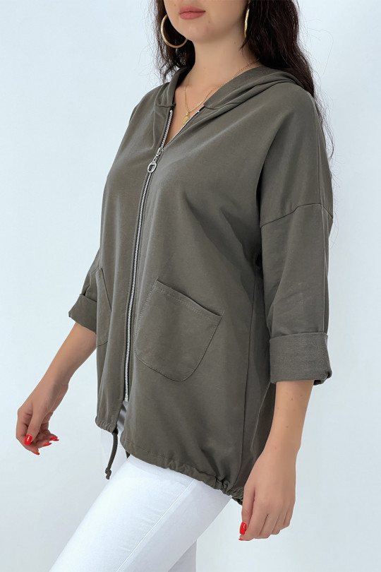Khaki hooded cardigan with pockets and lace - 2