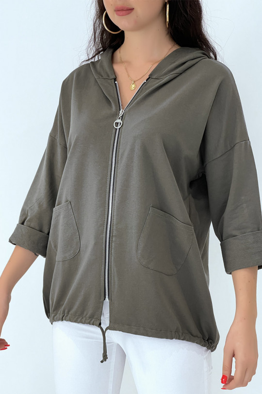 Khaki hooded cardigan with pockets and lace - 4