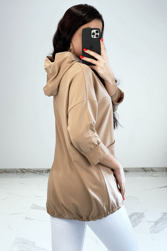 Camel hooded cardigan with pockets and lace - 5