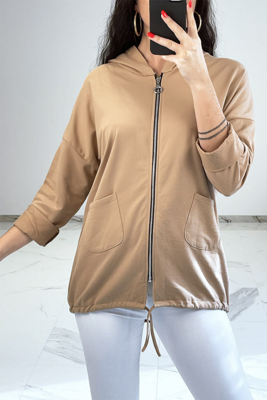 Camel hooded cardigan with pockets and lace - 7