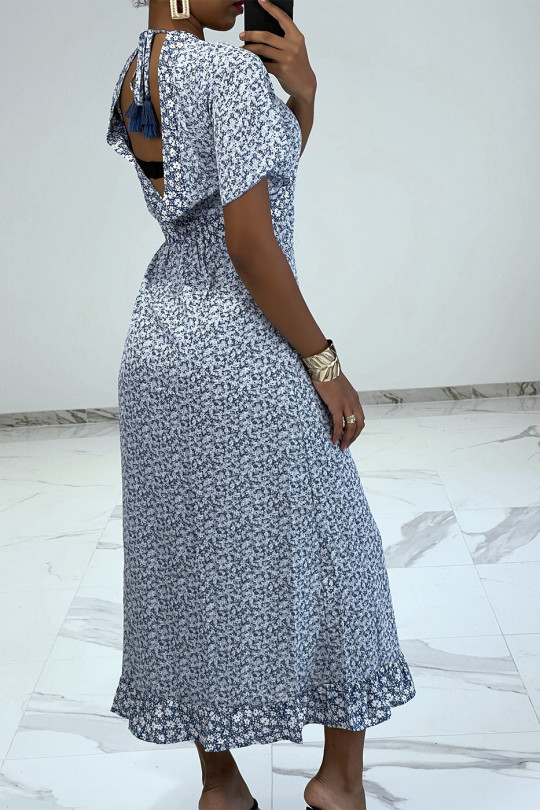 Long blue liberty pattern dress with slit and flounce - 1