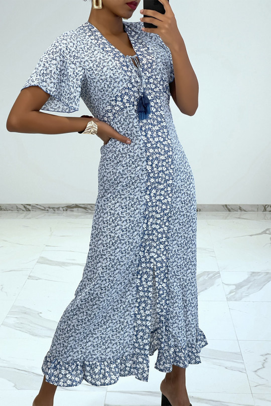 Long blue liberty pattern dress with slit and flounce - 3
