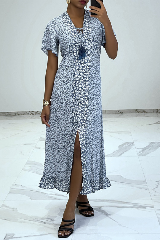 Long blue liberty pattern dress with slit and flounce - 4