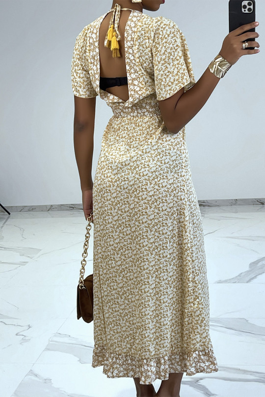 Long beige liberty pattern dress with slit and flounce - 1