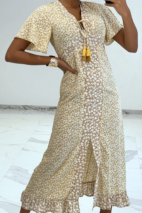 Long beige liberty pattern dress with slit and flounce - 4