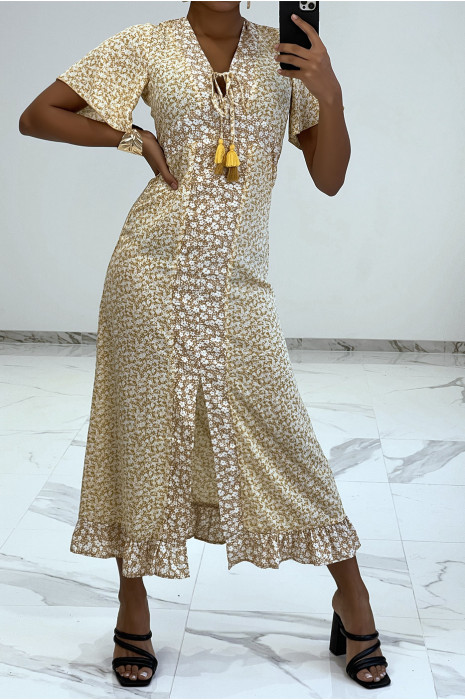 Longue robe beige motif liberty avec fente et volant
