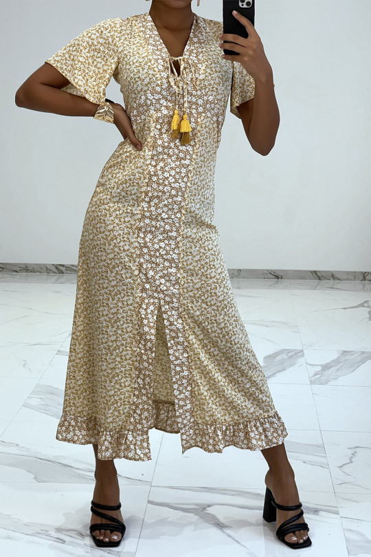 Long beige liberty pattern dress with slit and flounce - 5