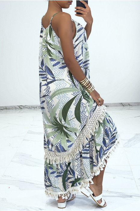 Long suspender dress with green pattern with lace and pompom - 2