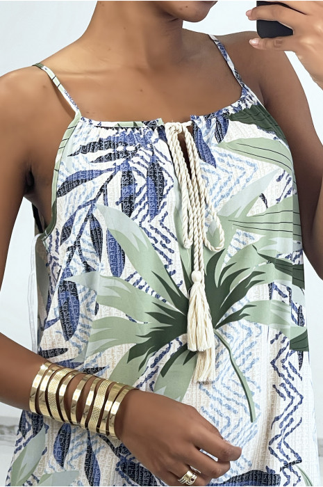 Longue robe bretelle à motif vert avec dentelle et pompon - 3