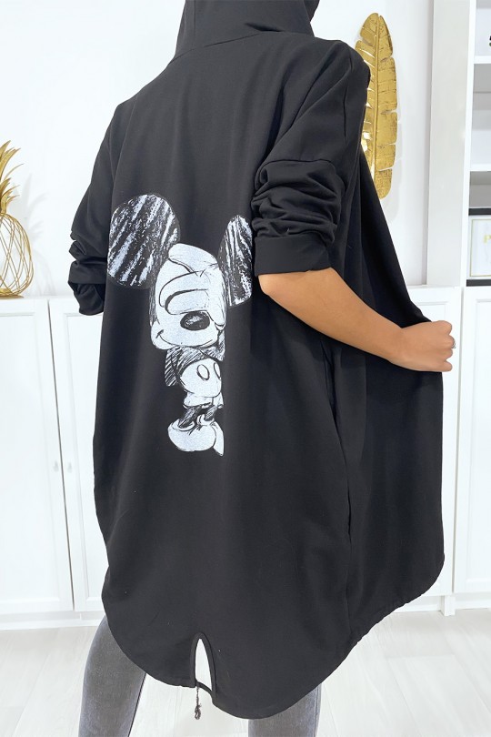Gilet noir à capuche et poches en coton gratté avec dessin au dos - 1