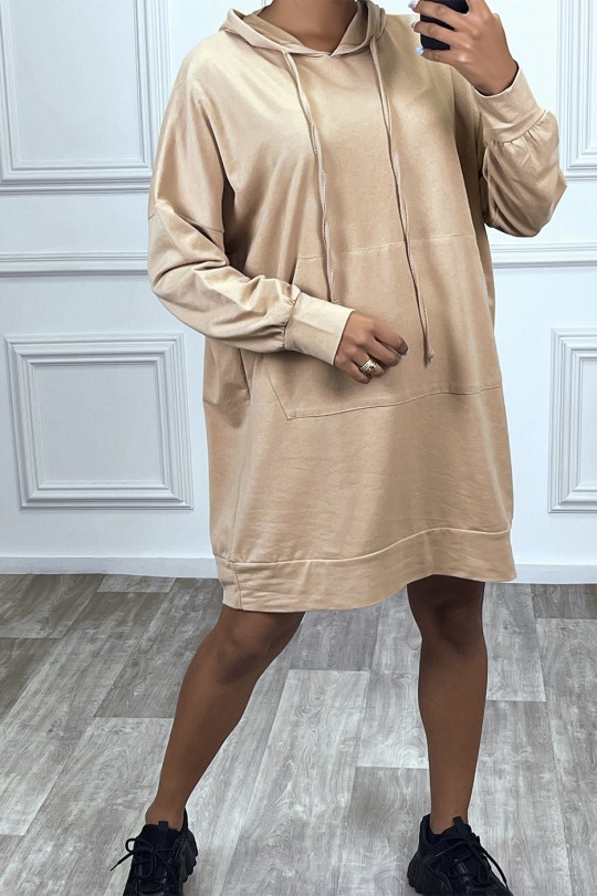 Long camel oversized sweatshirt with pockets and hood - 1