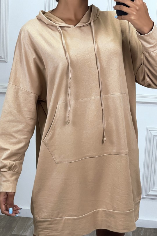 Long camel oversized sweatshirt with pockets and hood - 3