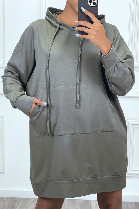 Long oversized khaki sweatshirt with pockets and hood - 4