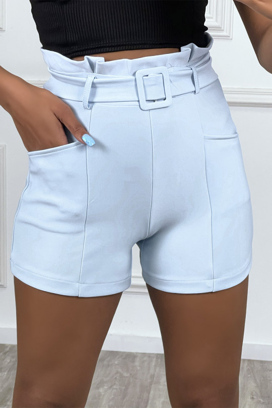 Classic blue shorts in stretch material with high waist and belt - 3