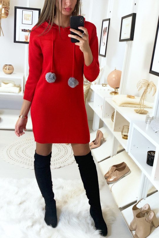 Robe pull rouge à capuche avec lacet pompon - 1