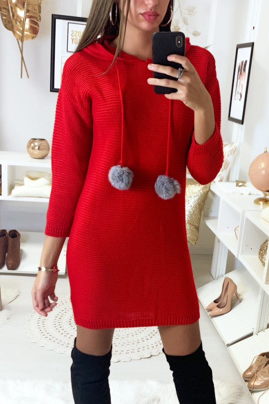 Robe pull rouge à capuche avec lacet pompon - 3