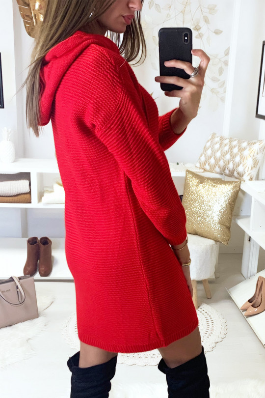 Robe pull rouge à capuche avec lacet pompon - 4