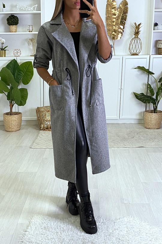 Long gray coat fitted at the waist with pockets - 1