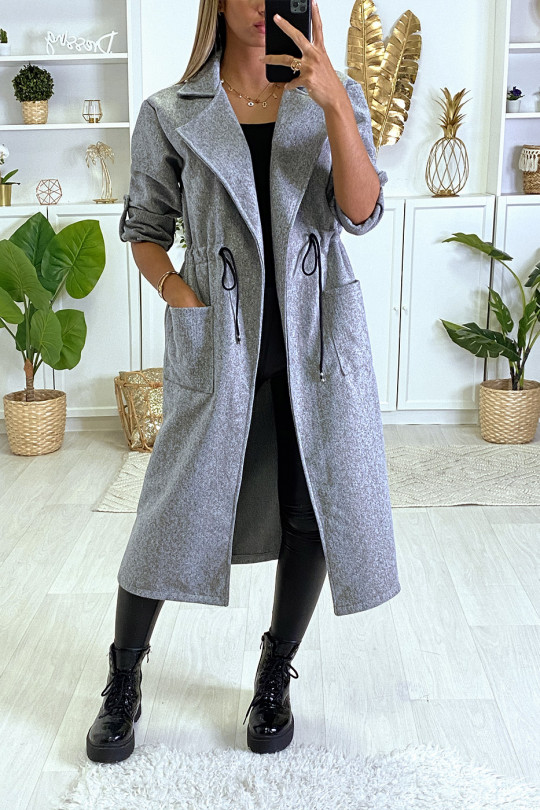 Long manteau gris cintré à la taille avec poches - 2
