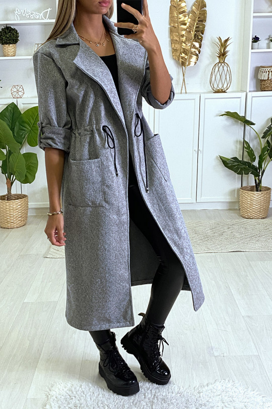 Long manteau gris cintré à la taille avec poches - 3