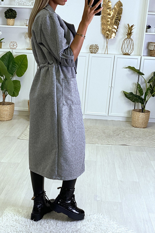 Long gray coat fitted at the waist with pockets - 4