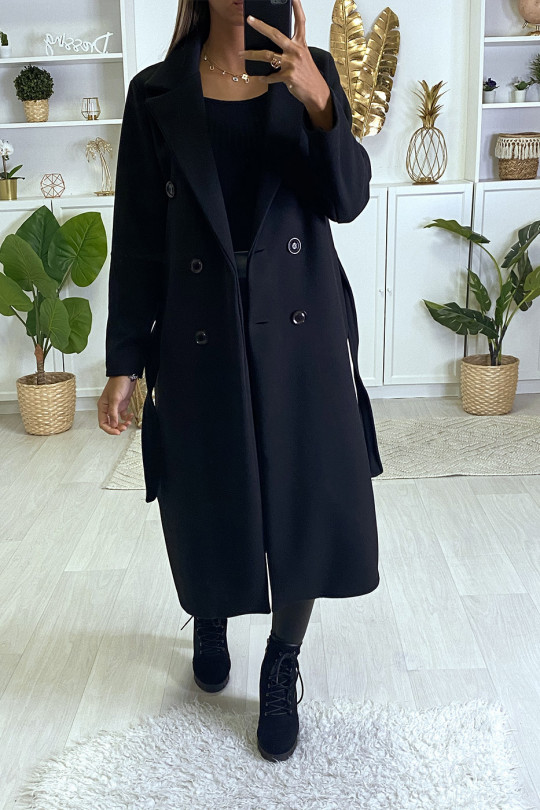 manteau long ceinture noir femme