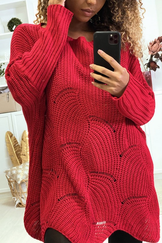 Oversized red sweater with leaf pattern - 1