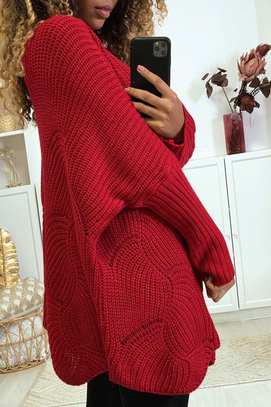 Oversized red sweater with leaf pattern - 4