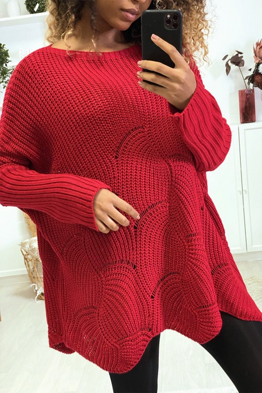 Oversized rode trui met bladpatroon - 6
